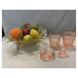 Yellow Depression Bowl, Beaded Fruit, Pink Glass