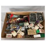 Tray Lot With Small Sinkers, Matchboxes, Fans,