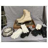 Vintage Ice Skates, Gloves, Needlework