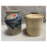 Blue Decorated Stoneware Crock, Lidded Crock