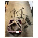 Milk Crate With Assorted Cast Iron, Jack Handles