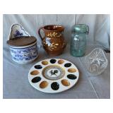 Mid Century Egg Platter, Redware Pitcher, Salt Box