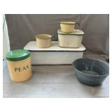 Vintage Enamel Bowl, Bins & Mugs, Pea Canister