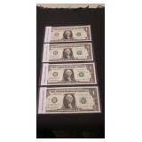 (4) One Dollar Bills (Consecutive Serial Numbers)