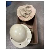 Box Lot With Civil Defense Helmet, Camo Hats