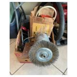 Box Lot With Bench Grinder, Sprayers, Handsaw