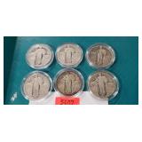 (6) Silver Standing Liberty Quarters