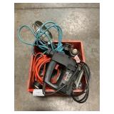 Milk Crate With Skil Jigsaw, Worklight, Extension