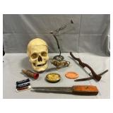 Lot With Plastic Skull, Brass Lion, Advertising