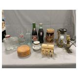 Lo With Log Cabin Bank, Oil Lamps, Bottles