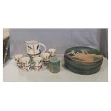 Pitcher w/ (5) Cups & (2) Vintage Tins