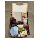 Box Lot WithLap Tray, Vase, Mugs, Artwork