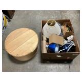 Box Lot With Cheese Box, Desk Lamp, Computer