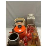 Lot With Enamel Teapot, Colored Glassware, Pottery