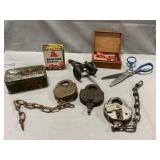 Lot With Antique Padlocks, Tins, Razor Blades
