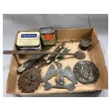 Tray Lot Of Vintage Tins, Trivet, Pocketknives