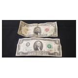 (1) Two Dollar Bill & (1) Red Sealed Five Dollar