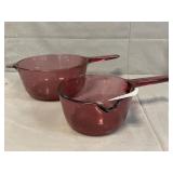 Pair Of Corning Visions Cranberry Saucepans