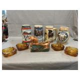 Beer Steins, Vintage Planter, Amber Ashtrays