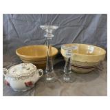 (2) Stoneware Bowls, (2) Crystal Candlesticks