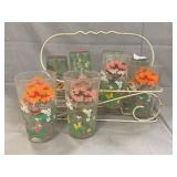 Vintage Floral Glasses In Wire Carrier
