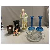Porcelain Figure, Blue Glass Candlesticks