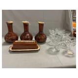Hull Brown Drip Cruets & Butter Dish, Asst.Glass