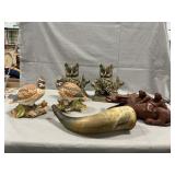 Lot With Porcelain Quail Pair, Owl Bookends