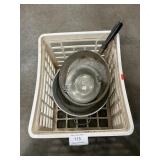 Crate With Colander, Glass Bowl, Pewter Dish