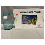 Digital Photo Frame, Blue Tin Ball Mason Jar