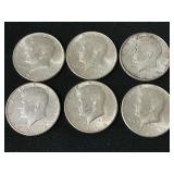 (6) 1964 90% Silver Kennedy Half Dollars
