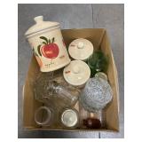 Box Lot With Pier 1 Canisters, Glassware, Canning