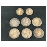 (6) Barber Half Dollars, (2) Standing Liberty