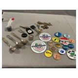 Lot Of Badges, Wooden Nickels, Keychains,
