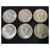 (6) 1964 90% Silver Kennedy Half Dollars