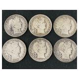 (6) Barber Half Dollars, 1906, 1906-O, 1908-D,