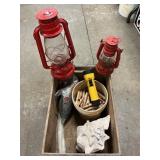 Wooden Crate With Oil Lanterns, Clothespins,