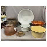 Enamel Basin & Pans, Copper Teapot & Bowl, Metal