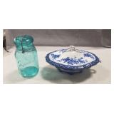 (1) Vintage Flow Blue Covered Dish & (1) "Ball"