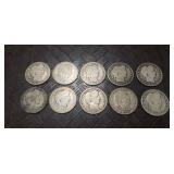 (10) Silver U.S. Barber Quarters