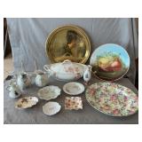 Tureen & Asst. China Pieces, Brass-Like Tray
