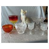 Amberina Dishes, Pressed Glass, Heavy Resin Cat