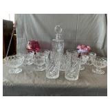 Lead Crystal Decanter Set, Hobnail Ruffled Vase,