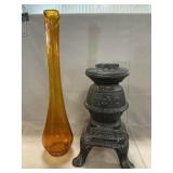 Amber Swung Vase, Cast Metal Pot Belly Stove Lamp