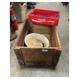 Large Wooden Crate With Enamel Basin & Plastic