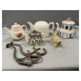 Assorted Teapots, Resin Pig Figure, Coat Hooks