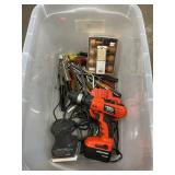 Tote With B & D Cordless Drill, Skil Palm Sander,