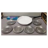 Coring Ware Pan, Handle & (6) Pewter 6" Plates