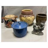 Enamel Lidded Pot, Eskimo Figure, Gla ed Crock,