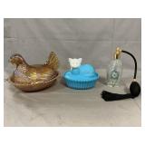 Iridescent Hen & Slag Glass Cat On Nests, Perfume